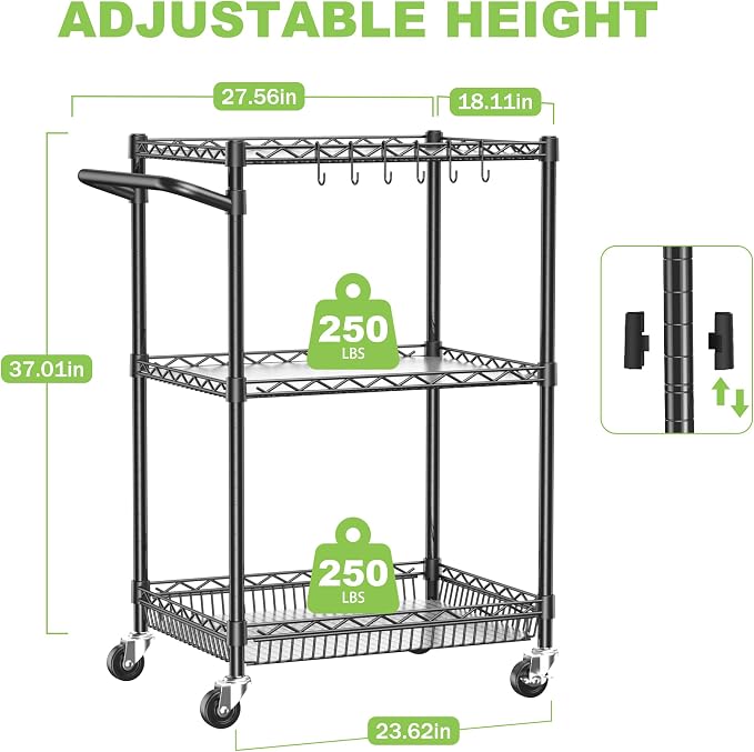 Metal Steel Wire Cart with Wheels, 3 Shelf Rolling Cart, Kitchen Trolley with - Image 3