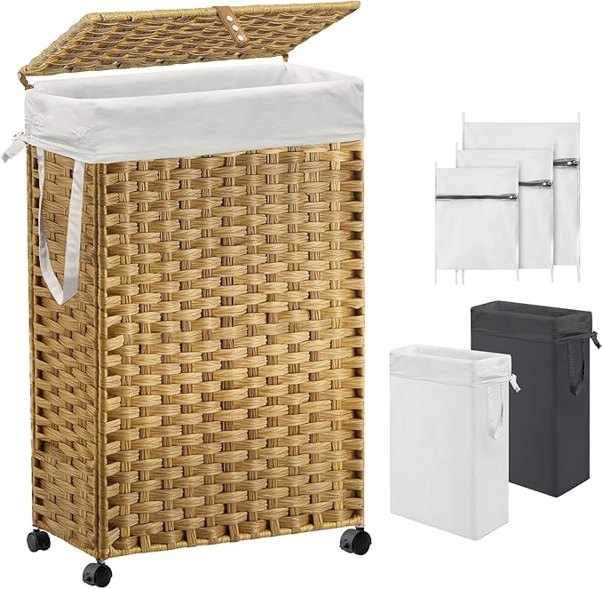 70L Slim Laundry Hamper with Lid & Wheels, Rolling Laundry Basket with 2 by Hiagnete