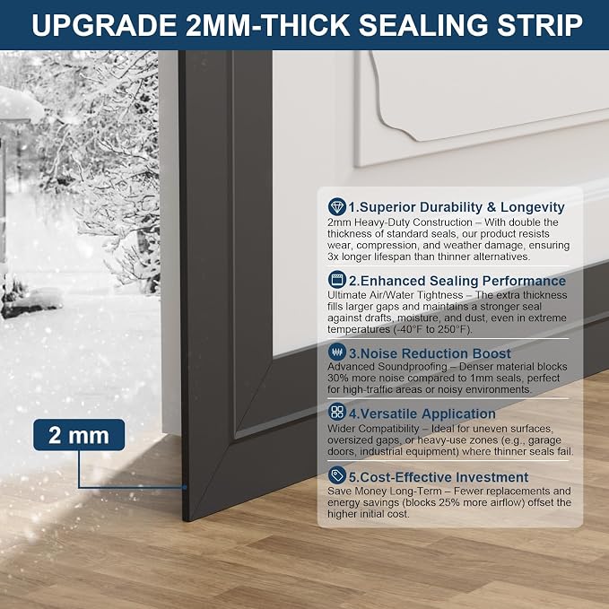 Heavy-Duty 36 ft x 1 in Weather Stripping, Extra Thick 2mm Door Draft Stopper - Image 2