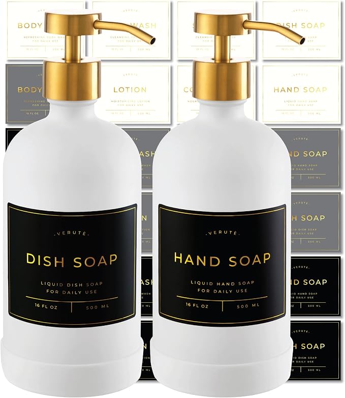 16oz Glass Soap Dispenser with Stainless Steel Pump, 21 Waterproof Labels by Verute