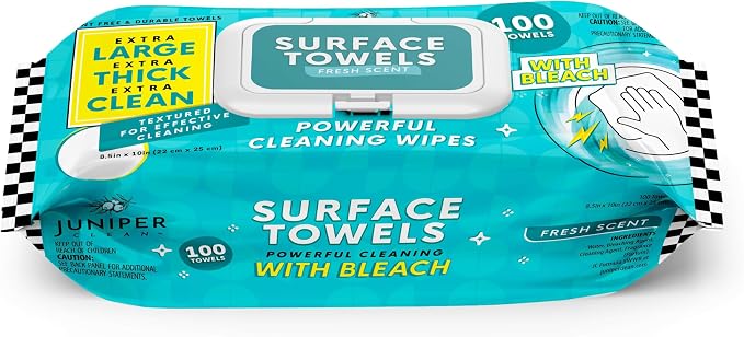 Single Surface Wipes with Bleach, Thick & Large Dispose, All-Purpose Cleaner by JuniperCLEAN