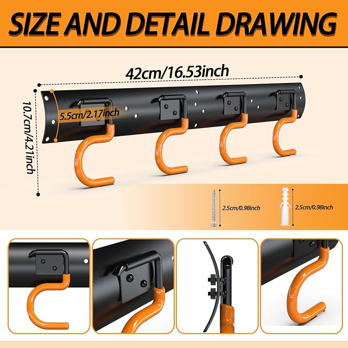 3-H 6×16" All Metal Garden Tool Organizer, Garage Tool Organizer, Broom Holder - Image 3