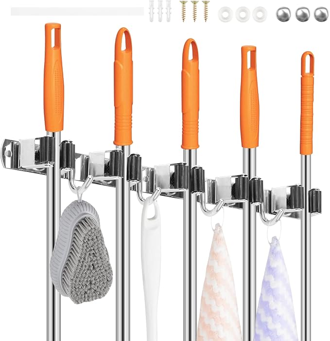 5Pcs 5 Racks 4 Hooks Stainless Steel Broom Mop Holder Anti Slip Wall Mount - Image 9