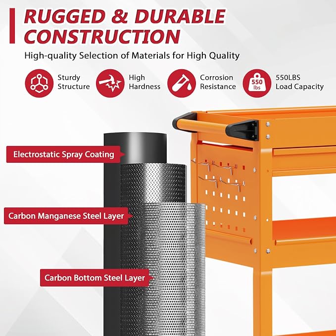 3 Tier Rolling Tool Cart on Wheels, Heavy Duty Service Cart Industrial Utility - Image 2