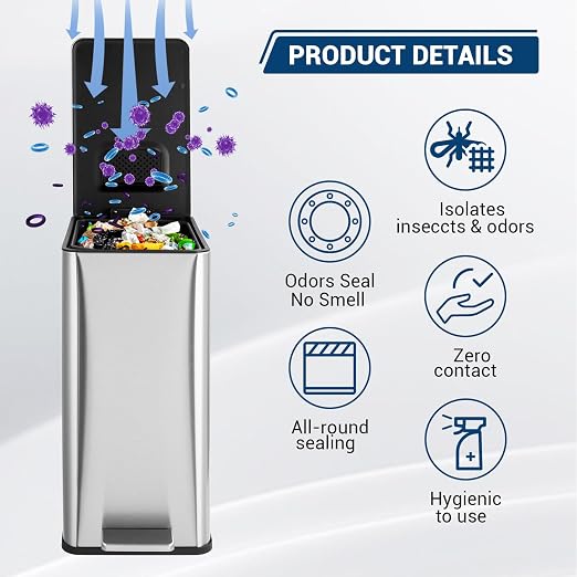 15 L Kitchen Step Trash Can, 4 Gallon Narrow Stainless Steel Waste Bin - Image 5