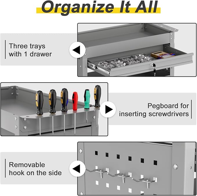 3-Tier Rolling Tool Cart with Drawers, Heavy Duty Utility Storage Cart with - Image 5