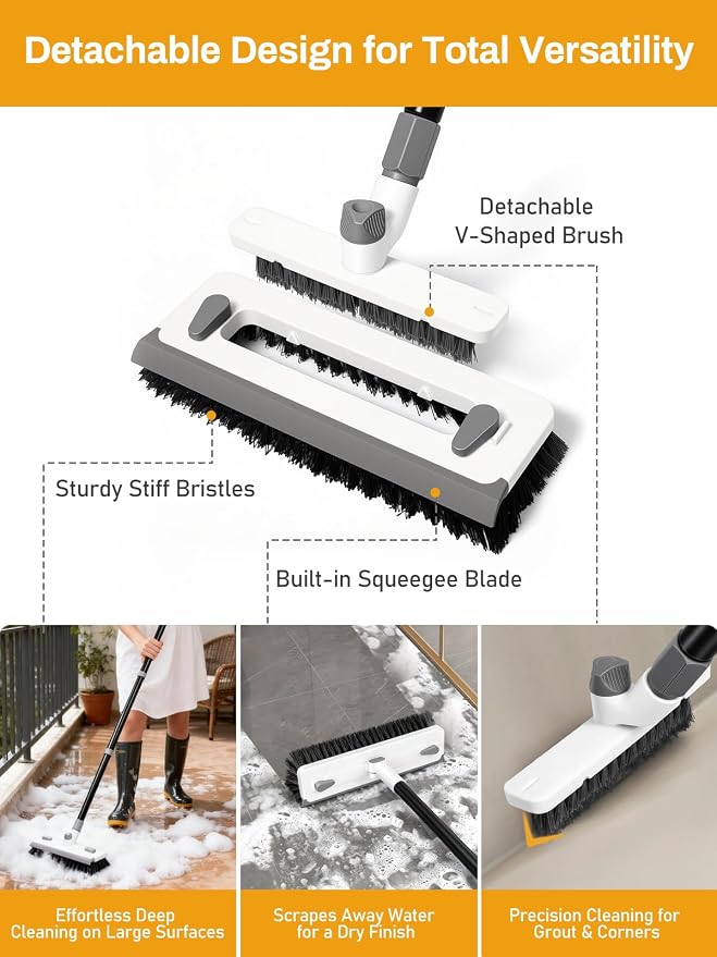 3 in 1 Floor Scrub Brush with Long Handle 55" Push Broom Stiff Bristle Scrubber - Image 2