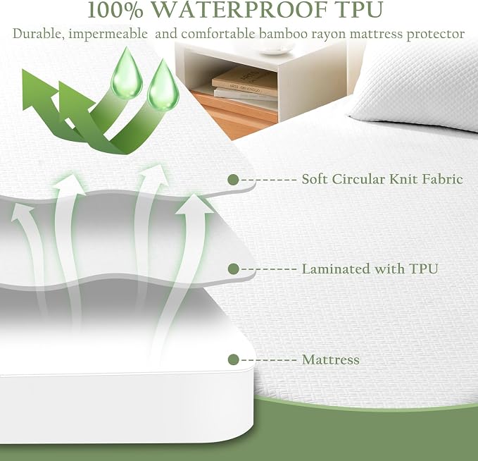 100% Waterproof King Mattress Protector, Breathable Bamboo Rayon Mattress Cover - Image 4
