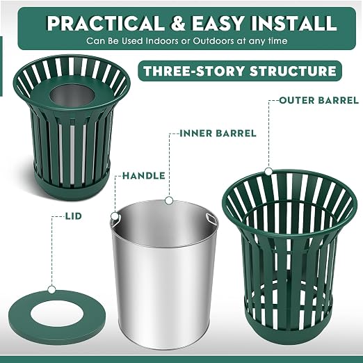 8Gallon/30L Commercial Outdoor & Indoor Metal Trash Can, Outdoor Slatted Trash - Image 5