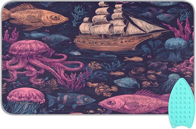 Red Blue Pirate Ship and Fish Ironing Mat Thickened Ironing Blanket Travel by QwThum
