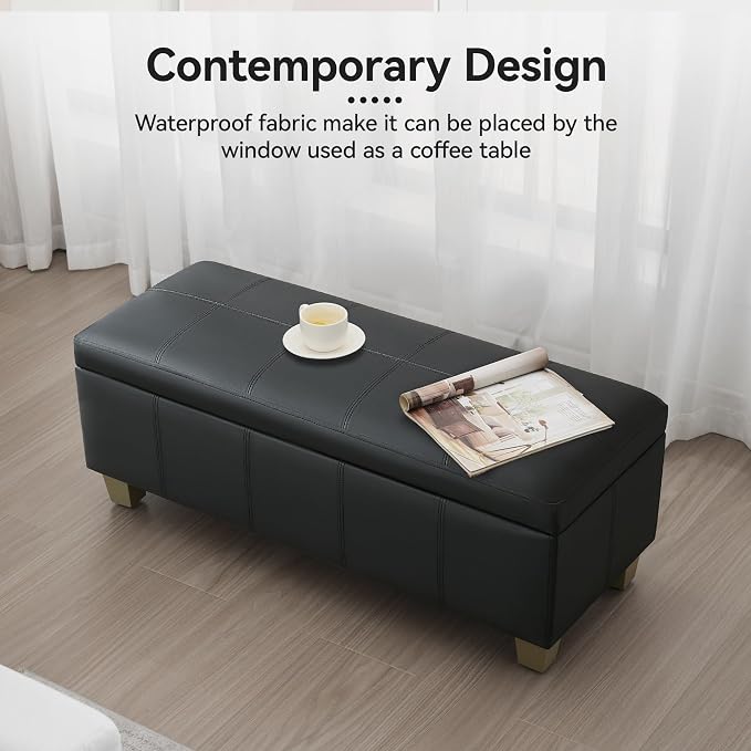 41" Faux Leather Storage Ottoman, Stitch Tufted Rectangle Upholstered End of - Image 7