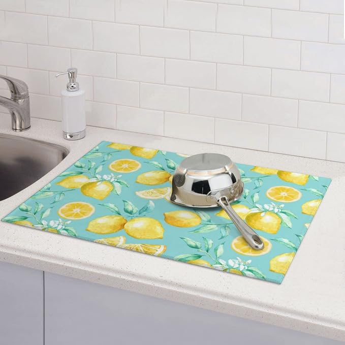 Spring Yellow Lemon Teal Background Microfiber Dish Drying Mat - Image 7