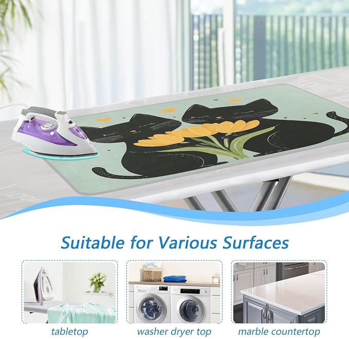 Black Cats Tulips Green Ironing Mat Thickened Ironing Blanket Travel Portable - Image 5