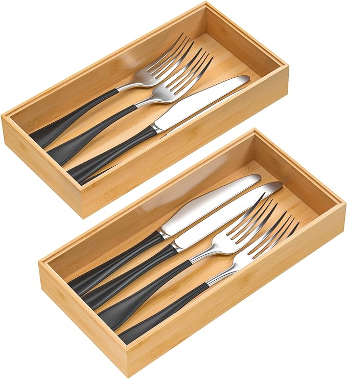 Silverware Tray for Drawer, Stackable Kitchen Bamboo Drawer Organizer 12" x 6" by VeyFey