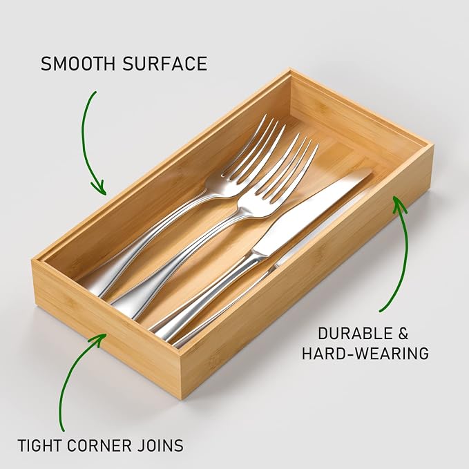 Silverware Tray for Drawer, Stackable Kitchen Bamboo Drawer Organizer 12" x 6" - Image 2