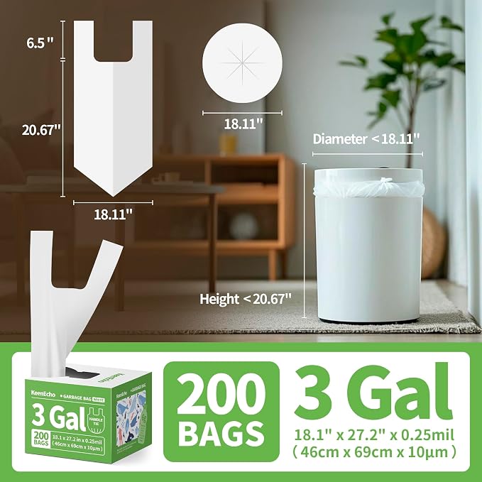 Small Trash Bags with Handles 3 Gallon 200 Count White - Image 6
