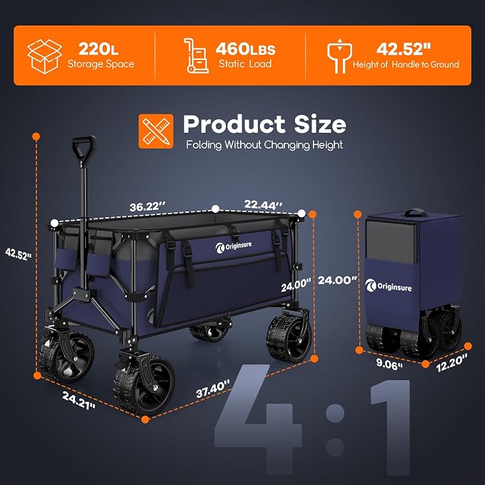 220L Collapsible Wagon Cart Foldable, 460lbs Load Capacity Heavy Duty Folding - Image 2