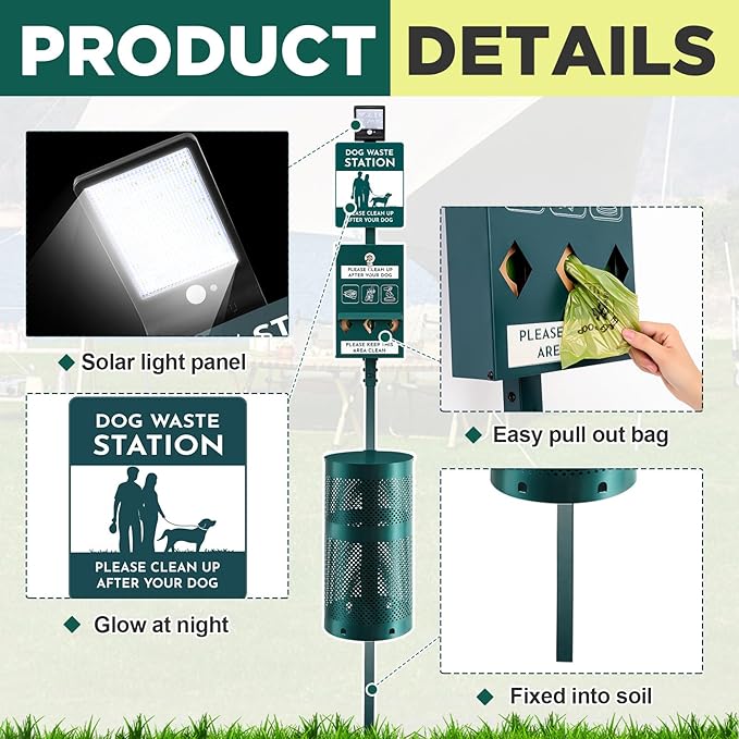 Dog Waste Station with Solar Panels Outdoor LED Galvanized Steel Dog Trash Bin - Image 2