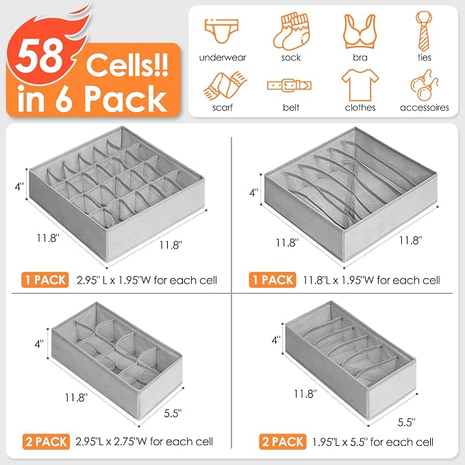 6 Pack Sock Underwear Drawer Organizer Dividers, 58 Cell Foldable Fabric - Image 4