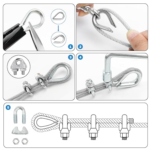 3/16" Wire Rope Kit, 100Ft PVC Coated Steel Cable Guide Wire Tensioner Strainer - Image 5
