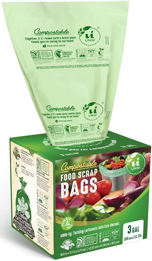 UNNI Compostable Trash Bags, 3 Gallon / 11.35 Liter, Extra Thick 0.71 Mil Small by UNNI