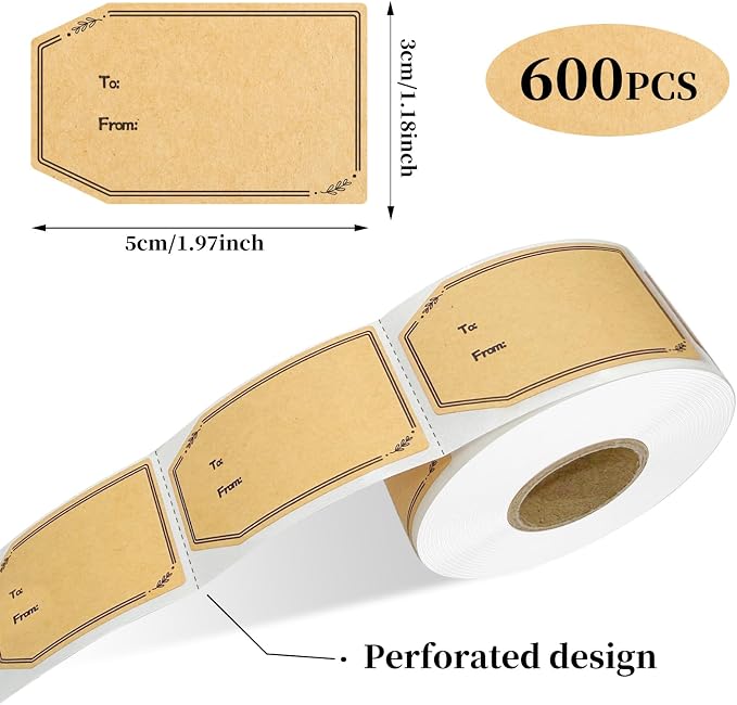 Kraft Gift Tag Stickers, 1.18" x 2" Christmas Gift Tags Stickers, Perforated - Image 2