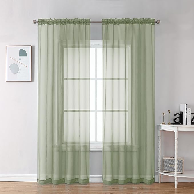 Chyhomenyc Sheer Sage Green Curtains 90 inches Long 2 Panels, Light Filtering by Chyhomenyc