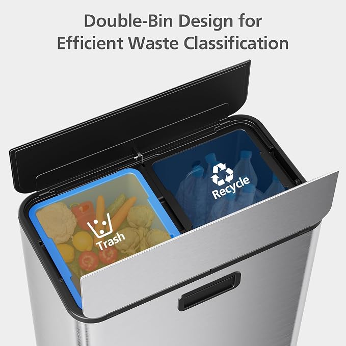 2 x 7.4 Gal Slim Trash Can, Stainless Steel Dual Compartment Step-On Recycling - Image 3