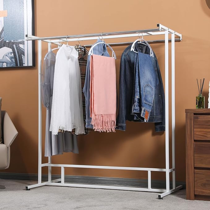 MyGift White Stainless Steel Freestanding Garment Rack, Heavy Duty Double Rod - Image 3