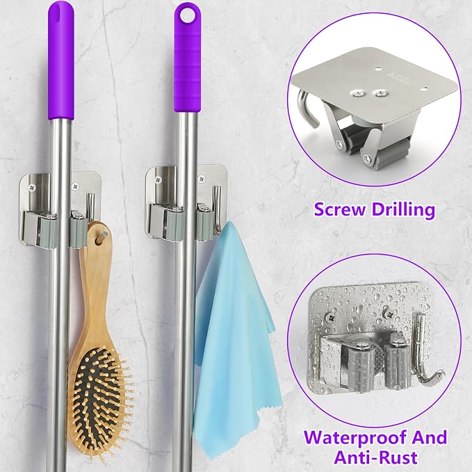 Broom Holder Wall Mount Screw Drilling, Sturdy Heavy Duty Stainless Steel Mop - Image 4