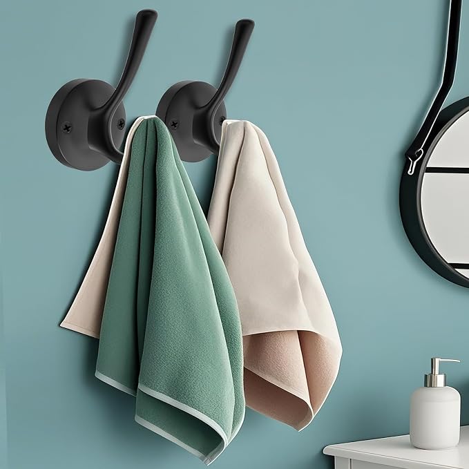 Black Towel Hooks, 2 Pack Coat Robe Hook Heavy Duty Metal Double Bathrobe Hook - Image 7