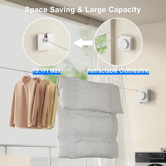 Retractable Clothesline Indoor, Non-Sagging Outdoor Clothes Line Retracting - Image 2