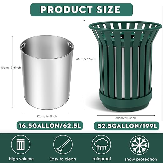 16 Gallon Round Large Outdoor Trash Can, Heavy Duty Metal Slatted Garbage Can - Image 3