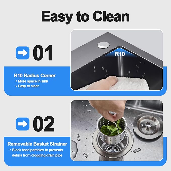 23x18 Inch Kitchen Sink, Handmade 304 Stainless Steel Sink, Topmount - Image 5