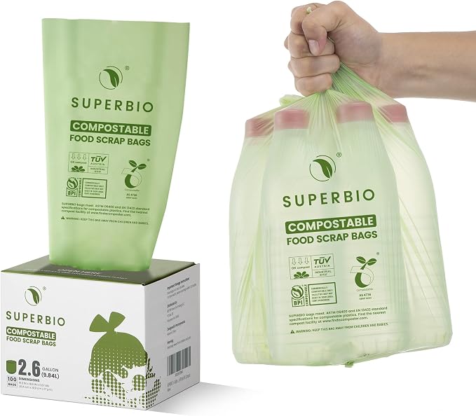 SUPERBIO 2.6 Gallon Compostable Food Waste Bags, 1 Pack, Flat Top Food Scrap by SUPERBIOCOMPOSTABLEBAGS