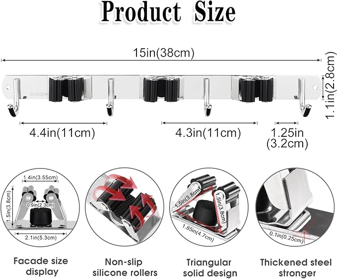 2 Pack 3 Racks and 4 Hooks Broom and Mop Holder Wall Mounted Garage Organizer - Image 3