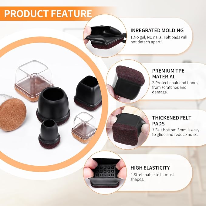 Ezprotekt 8 Pcs Extra Large Square Chair Leg Floor Protectors, Silicone Felt - Image 4