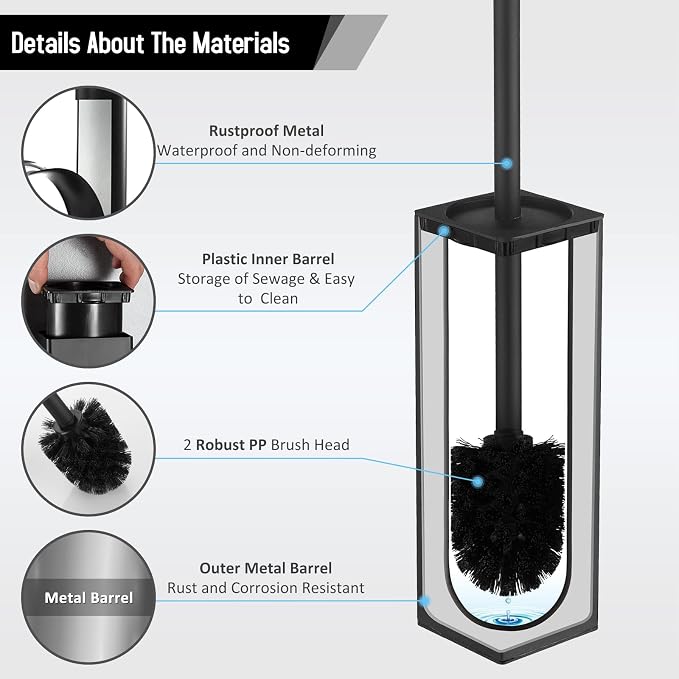 BGL Square Toilet Brush with Holder, Stainless Steel Rubber Painted Toilet Bowl - Image 7