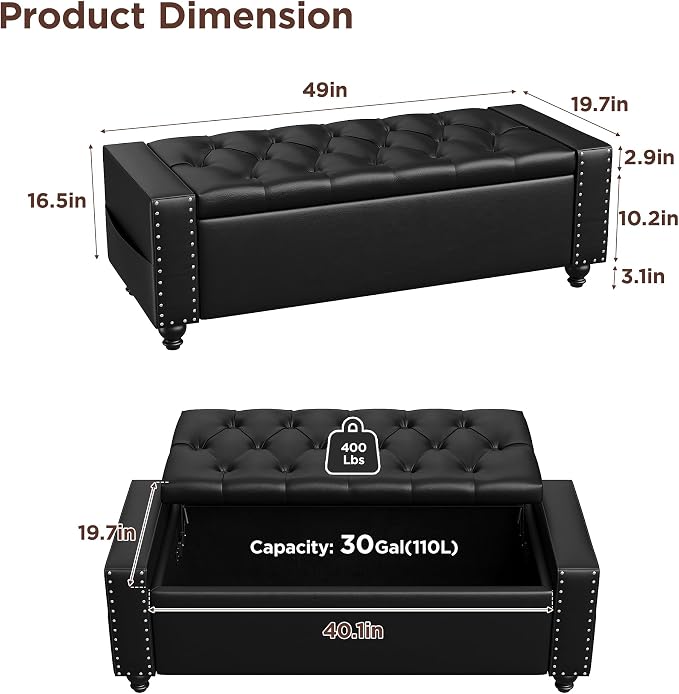 Maupvit Storage Ottoman Bench, 49 Inch Bedroom Bench, Upholstered Ottoman - Image 2