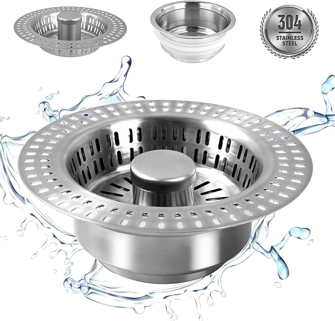 3 in 1 Kitchen Sink Drain Strainer Stopper, Stainless Steel Pop Up Sink Stopper by Goeveo