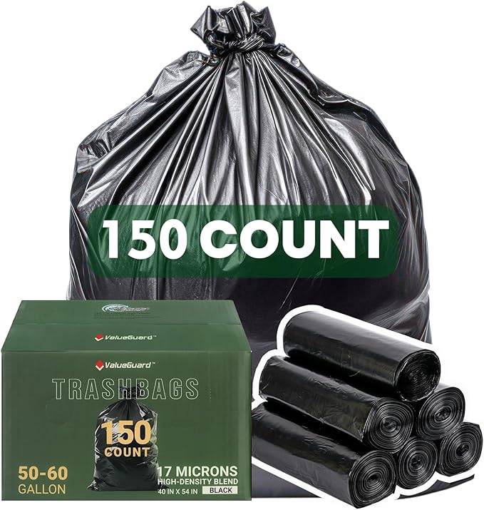 150 Count 55-60 Gallon Trash Bags, Large Garbage Bags Sturdy & Tear-Resistant by ValueGuard