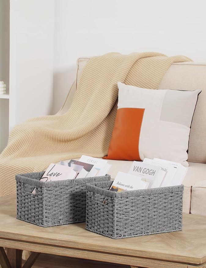 StorageWorks Round Paper Rope Storage Baskets, Rectangular Wicker Baskets - Image 5