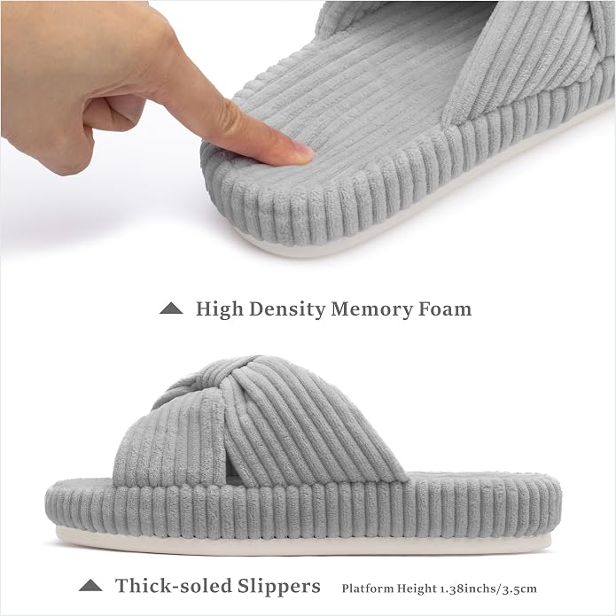 Chantomoo Slippers for Women Memory Foam House Bedroom Corduroy Bow Crossbands - Image 2