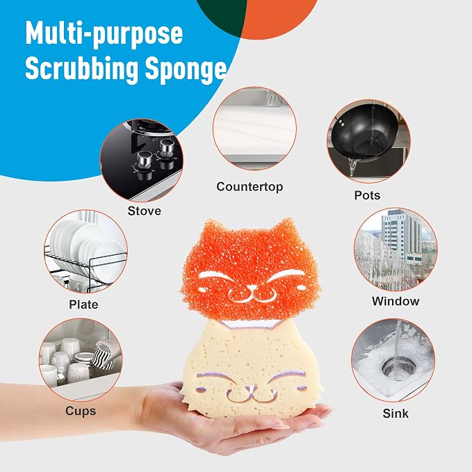 12 Pcs Scrubber Sponge Cat Smiley Shape Cleaning Sponge Double Sided Dish - Image 5