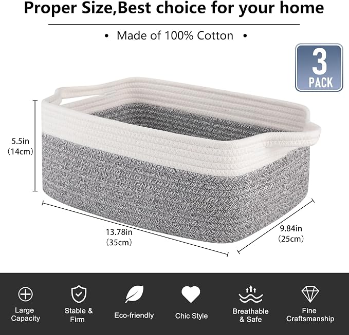 OIAHOMY 3 Pack Storage Baskets for Organizing, Woven Cotton Rope Basket for - Image 3