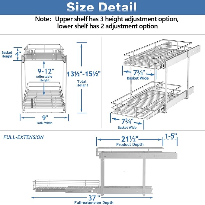 LOVMOR 2 Tier Individual Pull Out Cabinet Organizer 9" W x 21½" D, Slide Out - Image 3