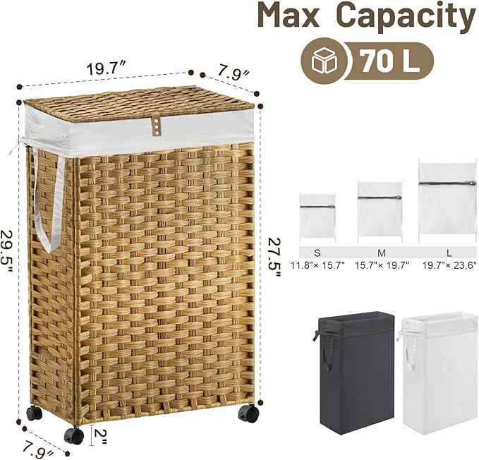 70L Slim Laundry Hamper with Lid & Wheels, Rolling Laundry Basket with 2 - Image 4