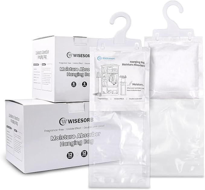 Moisture Absorber Hanging Bags 12 Pack - 7 oz Fragrance-Free Dehumidifier by Wisesorb