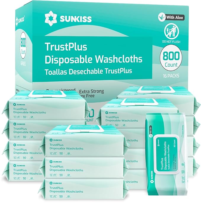 SUNKISS Trustplus Wet Wipes for Adult No Rinse, Extra Large 8”x12” Body by SUNKISS
