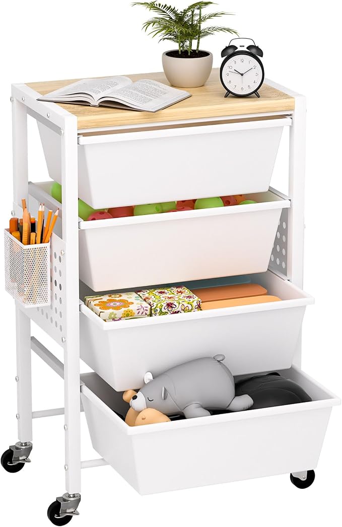 Rolling Cart with Drawers, Rolling Storage Cart with 4 Large Plastic Drawers & - Image 9
